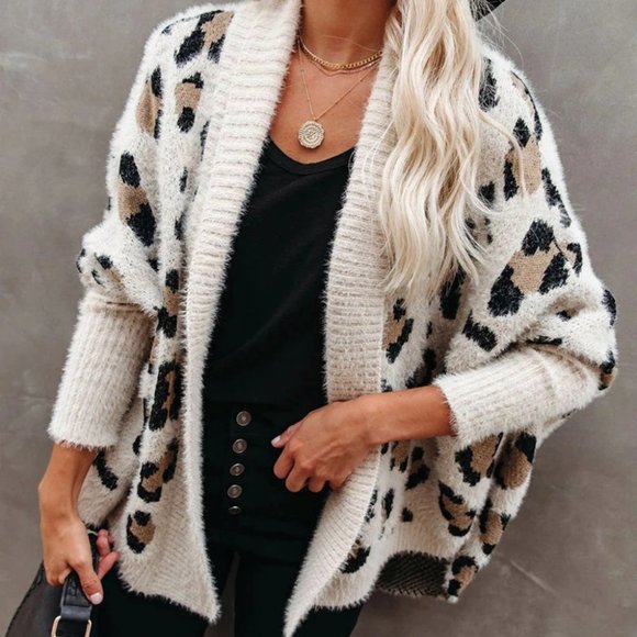 Fuzzy Leopard Cardigan Sweater - Picture 1 of 14